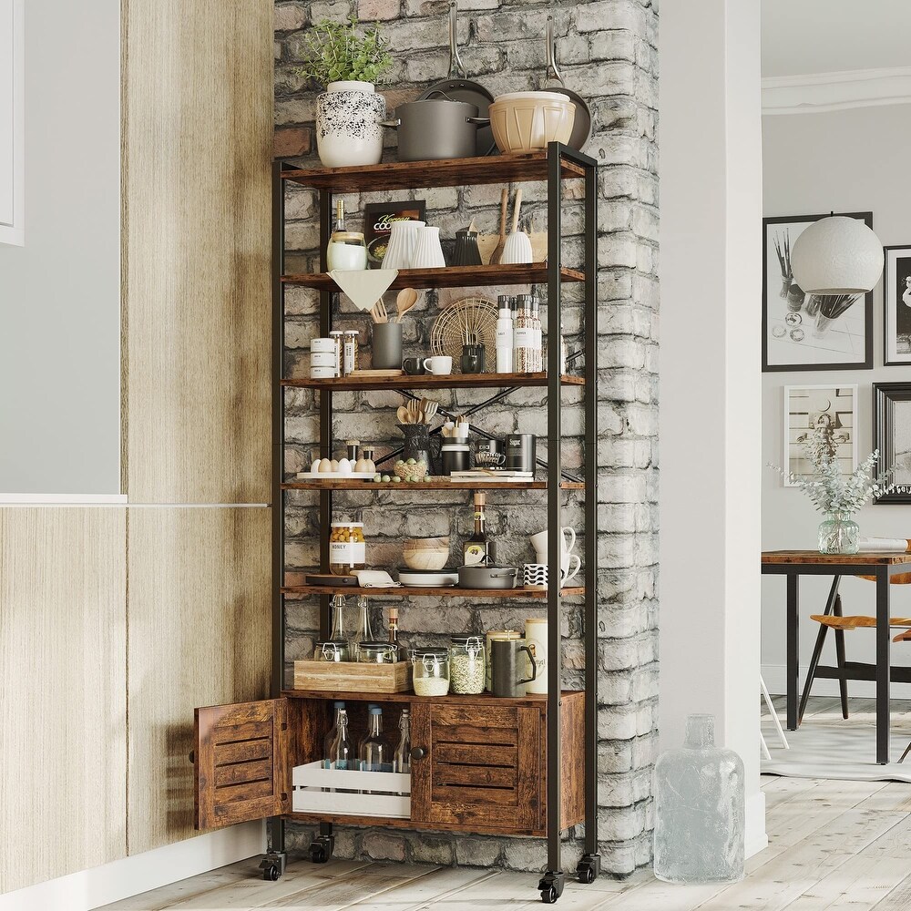 Bookshelf and Bookcase with 2 Louvered Doors and 5 Shelves  Standing Storage Cabinet for Living Room