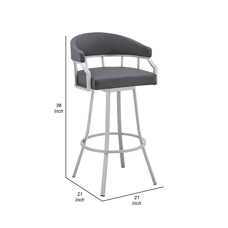 Mayla 26 Inch Swivel Counter Stool， Silver Flared Legs， Gray Faux Leather