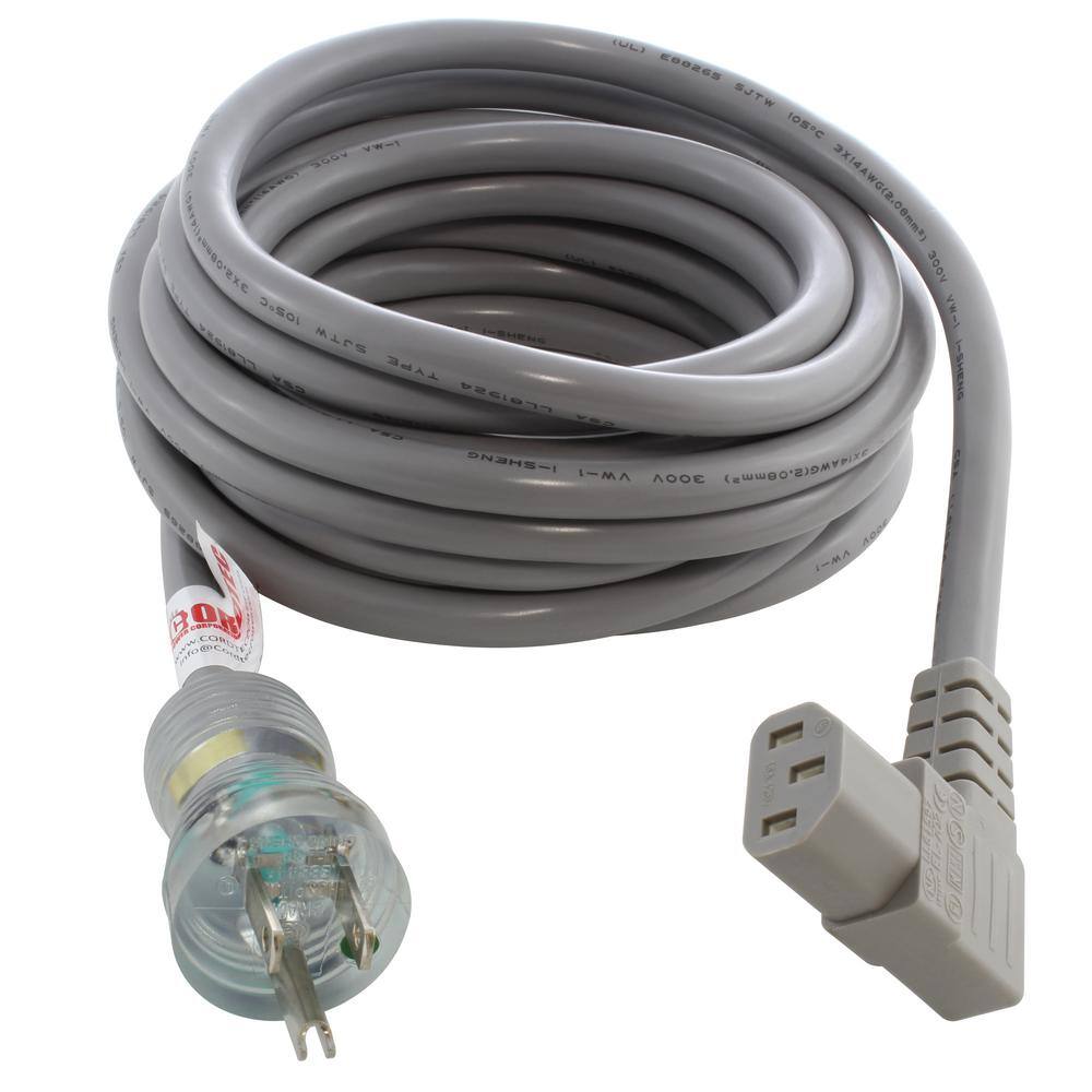 AC WORKS 20 ft. 143 15A Medical Grade Power Cord with Right Angle IEC C13 Connector MD15ARC13-240