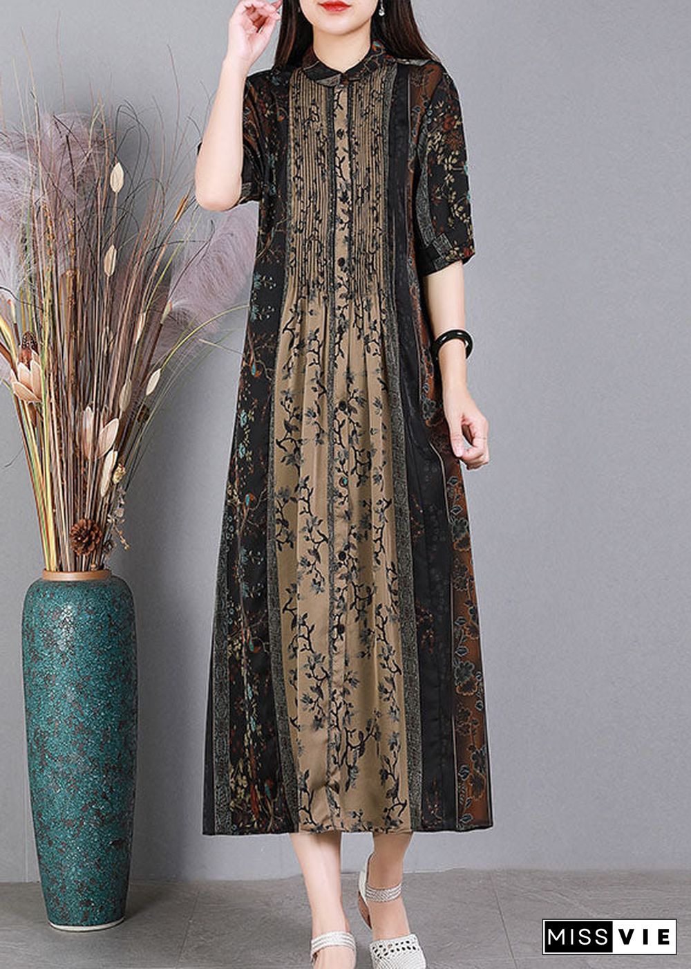 Loose Black O-Neck Print Patchwork Wrinkled Silk Party Dress Short Sleeve