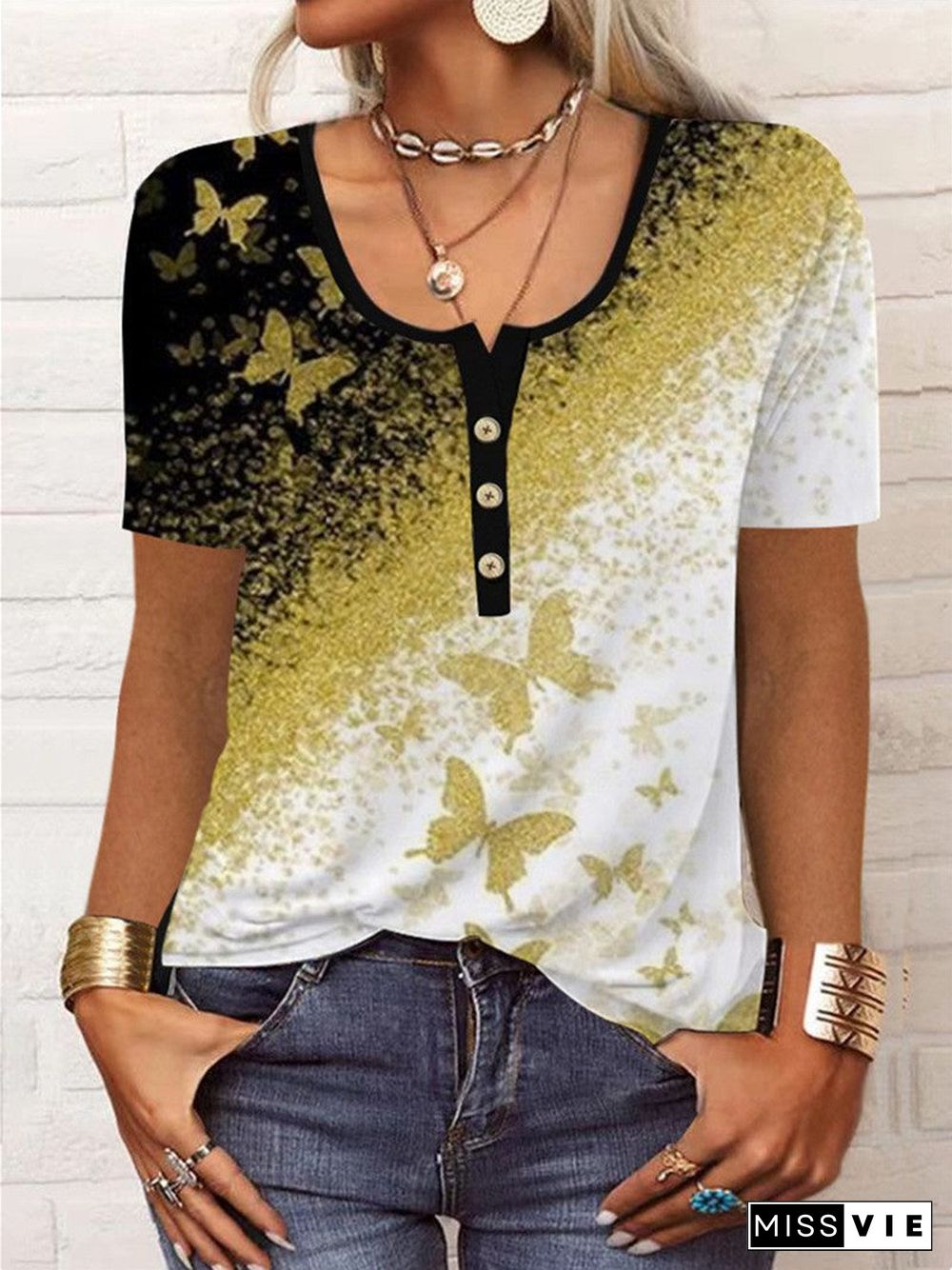 Women's Short Sleeve Round Neck Floral Print Casual Top T-Shirt