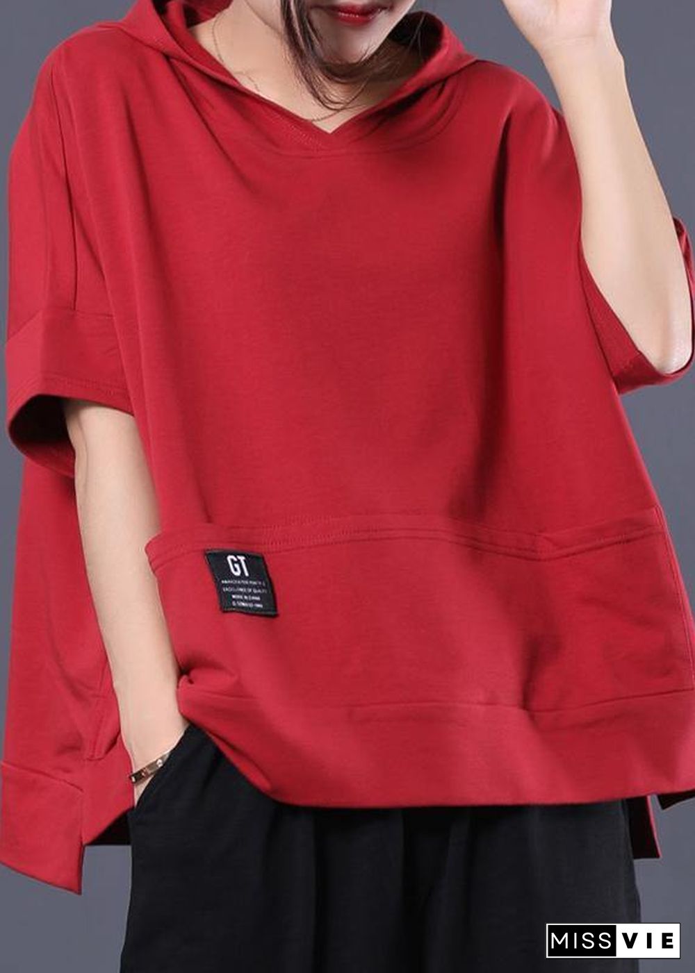 Unique hooded cotton tunic pattern red side open shirts summer