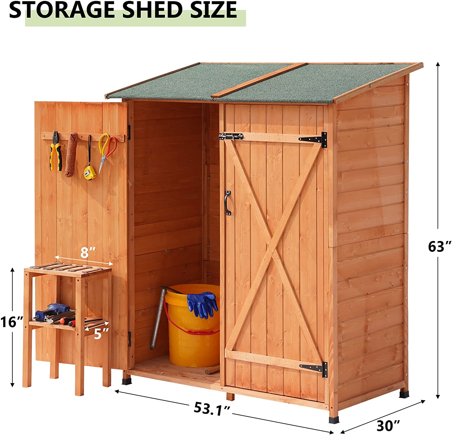 Mellcom Wooden Garden Storage Shed, Outdoor Tool Shed with Asphalt Roof for Patio, Garden, Backyard, Lawn