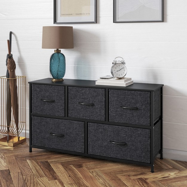 Flash Furniture Harris 5 Drawer Vertical Storage Dresser With Cast Iron Frame Wood Top And Easy Pull Fabric Drawers With Wooden Handles