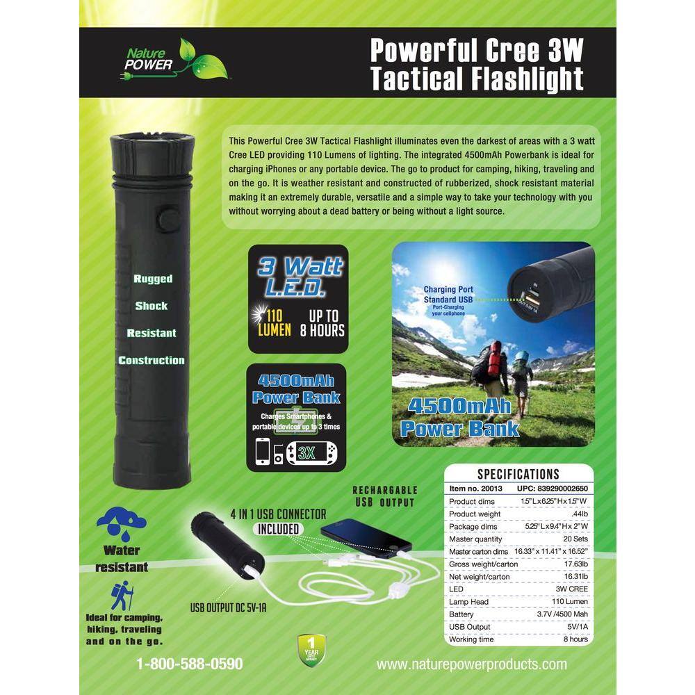 NATURE POWER 3-Watt LED Rechargeable Flashlight with Integrated 4500mAh Powerbank for Charging Portable Devices 20013