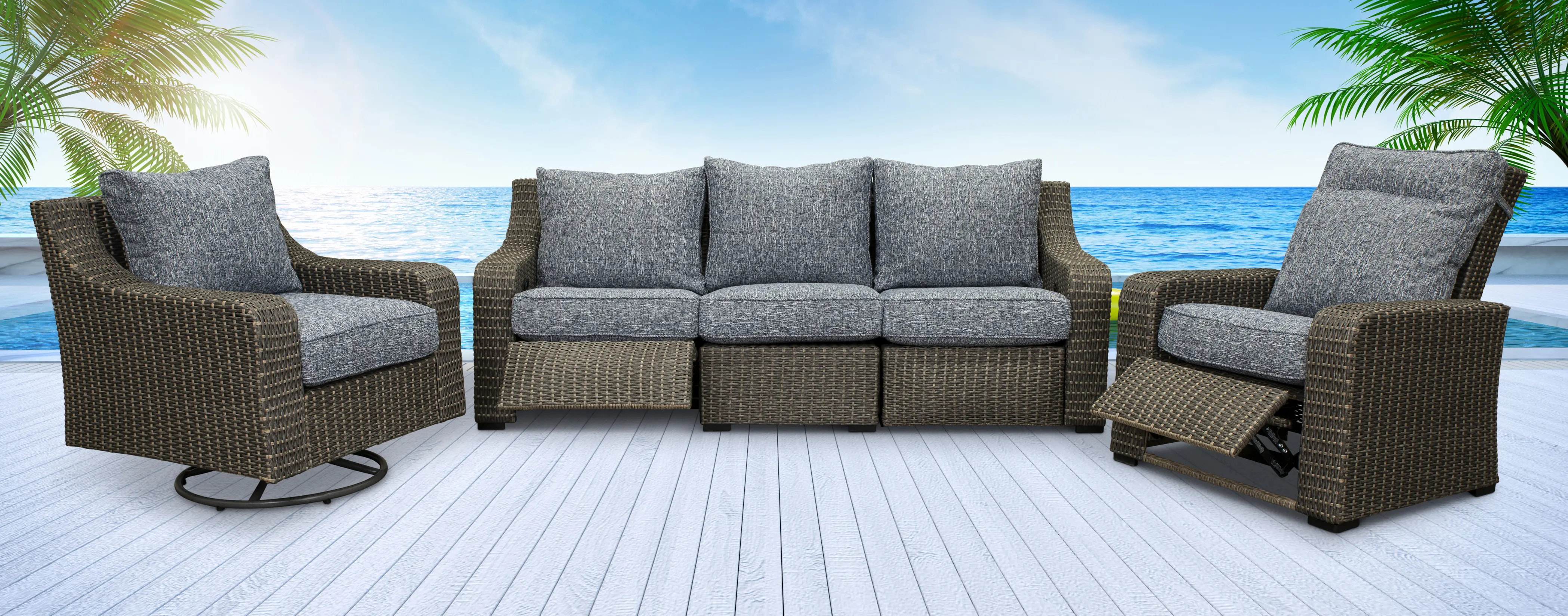 Lemans Gray Wicker Patio Motion Sofa with Blue Cushions