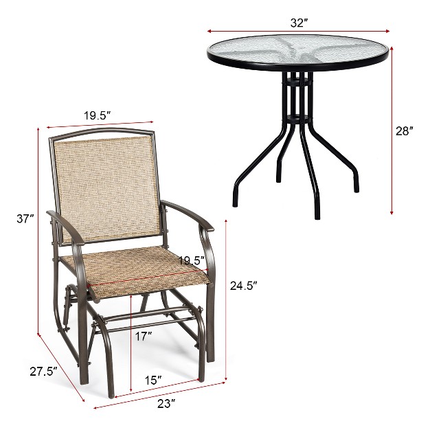 Costway 3pcs Patio Bistro Furniture Set Rocking Glider Chair Glass Table