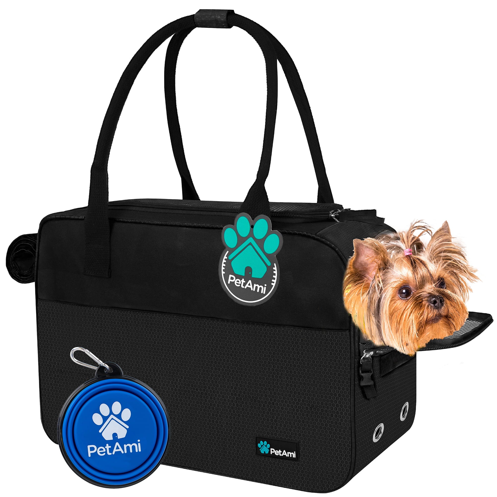 PetAmi Airline Approved Dog Purse Carrier | Soft-Sided Pet Carrier for Small Dog， Cat， Puppy， Kitten | Portable Stylish Pet Travel Handbag | Ventilated Breathable Mesh， Sherpa Bed (Black)