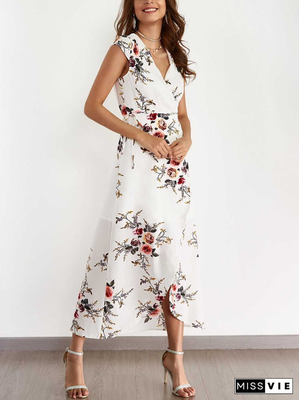 White V-Neck Random Floral Print Self-Tie Dress