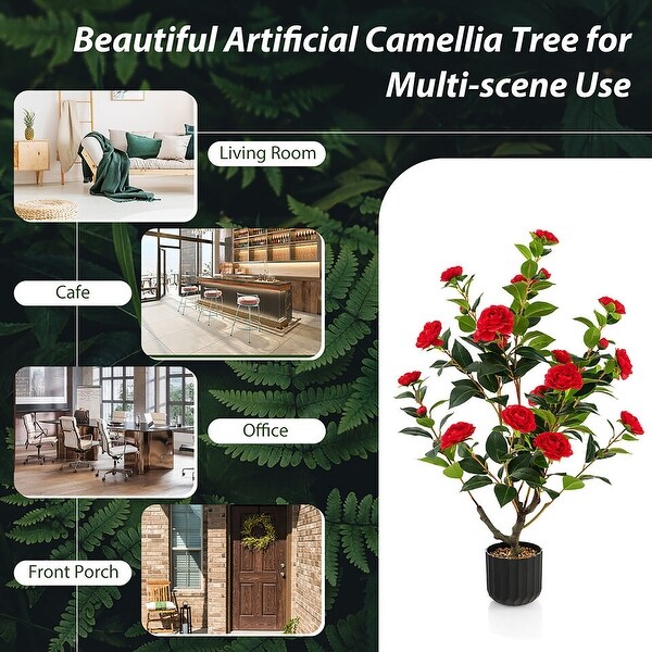 Gymax 38'' Artificial Camellia Tree Faux Floral Plant Fake Tree for