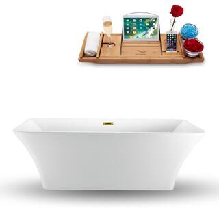 Streamline 71 in. Acrylic Flatbottom Non-Whirlpool Bathtub in Glossy White with Polished Gold Drain and Overflow Cover N1000GLD