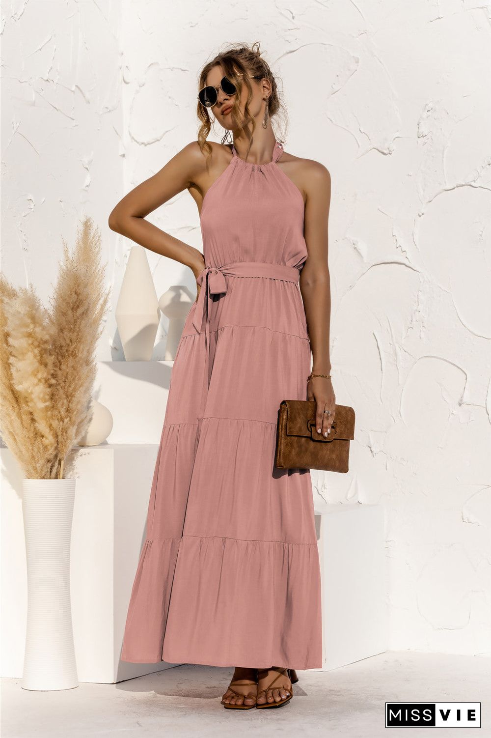 Tie Waist Round-Neck Spaghetti Strap Backless Maxi Dress