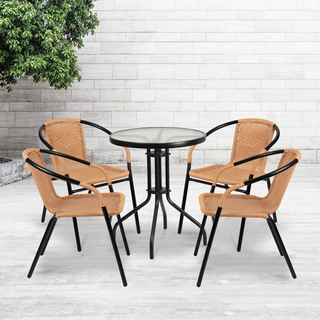 Emma And Oliver 4 Pack Rattan Indoor outdoor Restaurant Stack Chair With Curved Back