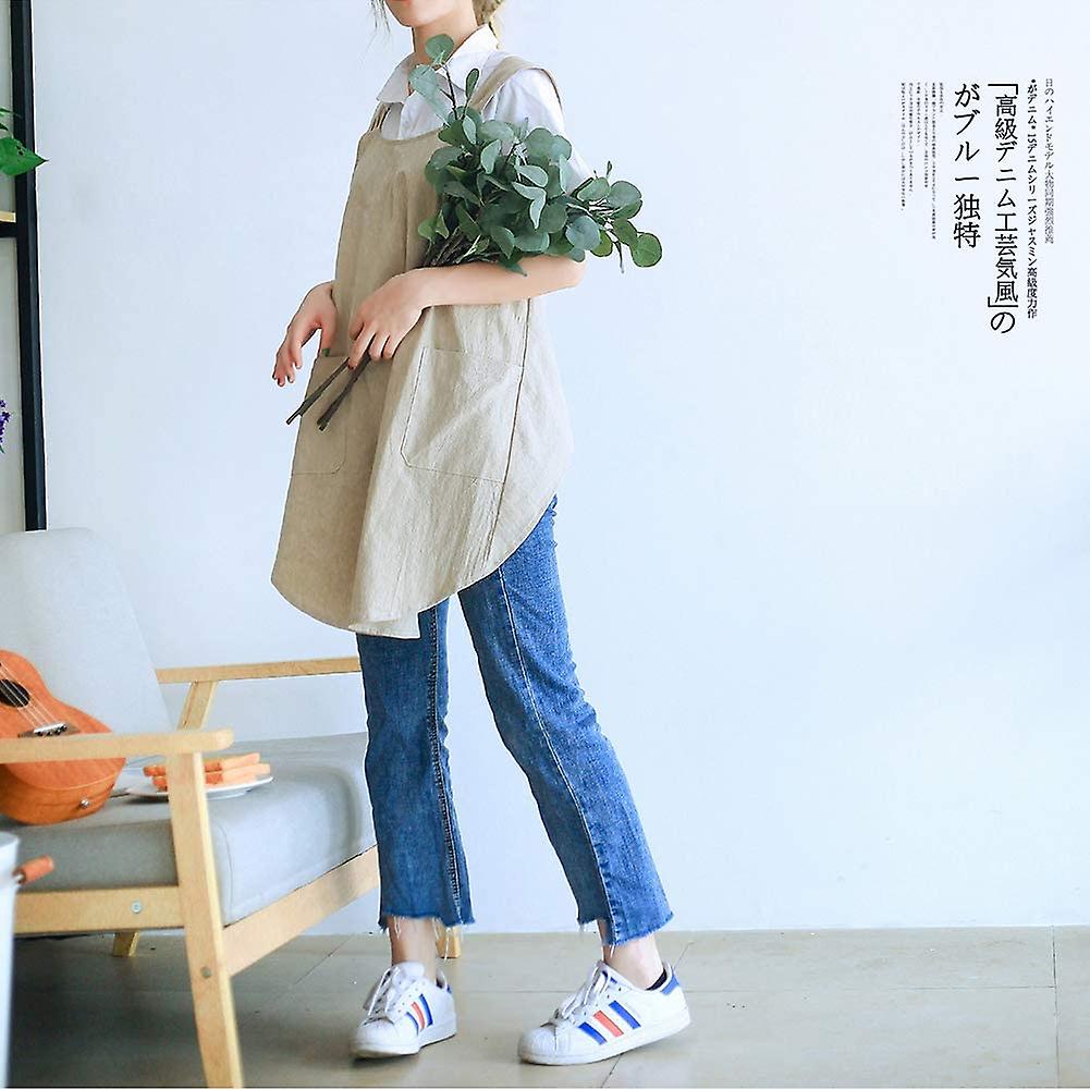 Japanese Linen Cross Back Kitchen Cooking Aprons For Women With Pockets Cute For Baking Painting Gardening Cleaning Khaki