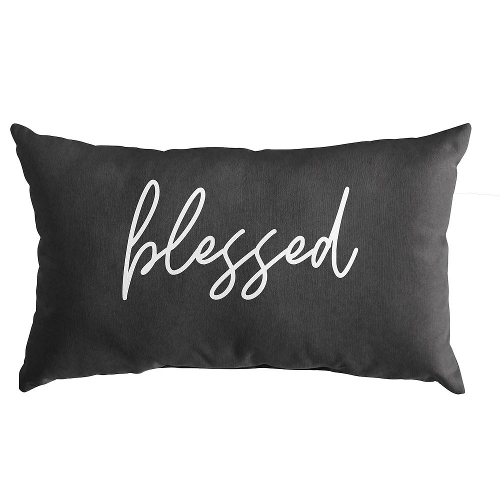 13 x 20 Gunmetal Gray and White Rectangular Blessed Indoor and Outdoor Embroidered Lumbar Pillow