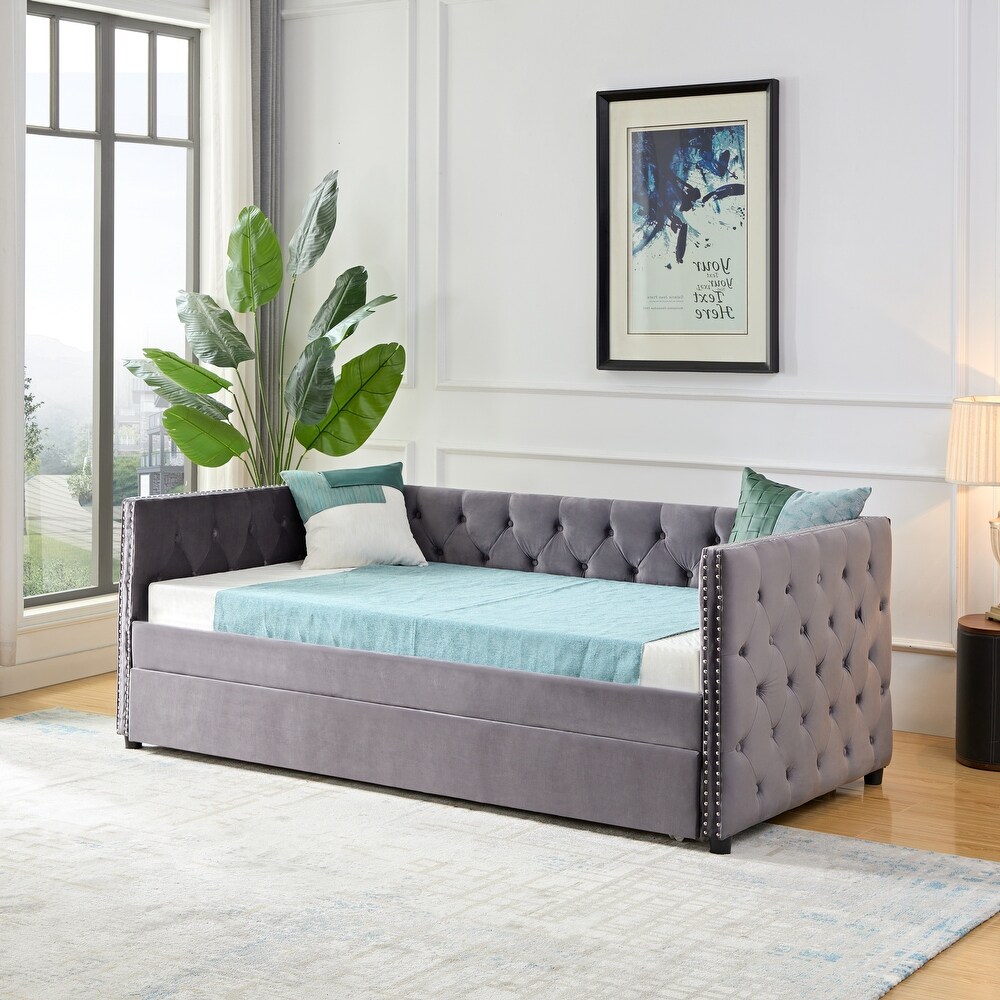 Twin Velvet Daybed with Button and Copper Nail with Trundle  Grey