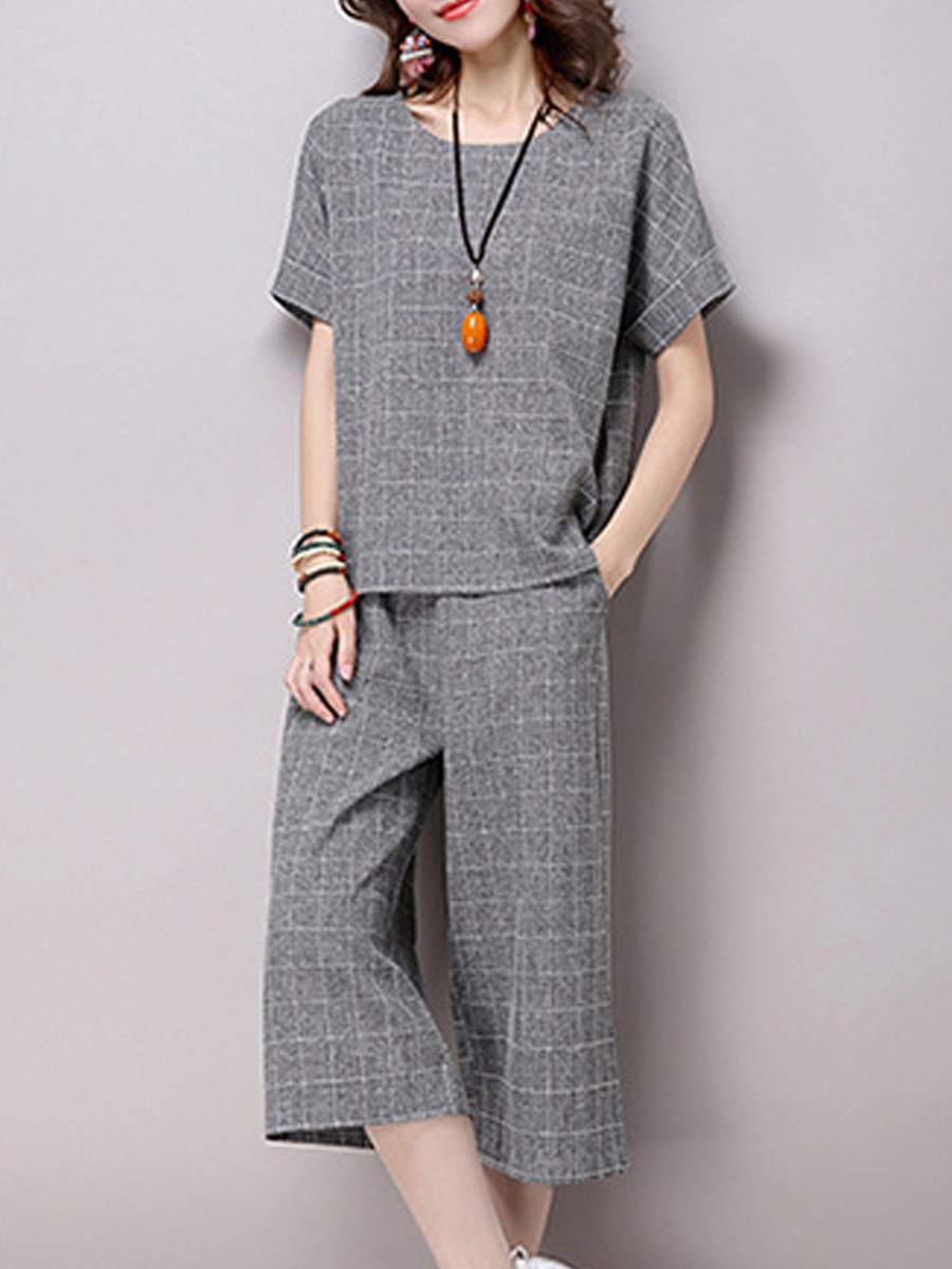 Round Neck  Checkered Blouses And Bottoms Suits