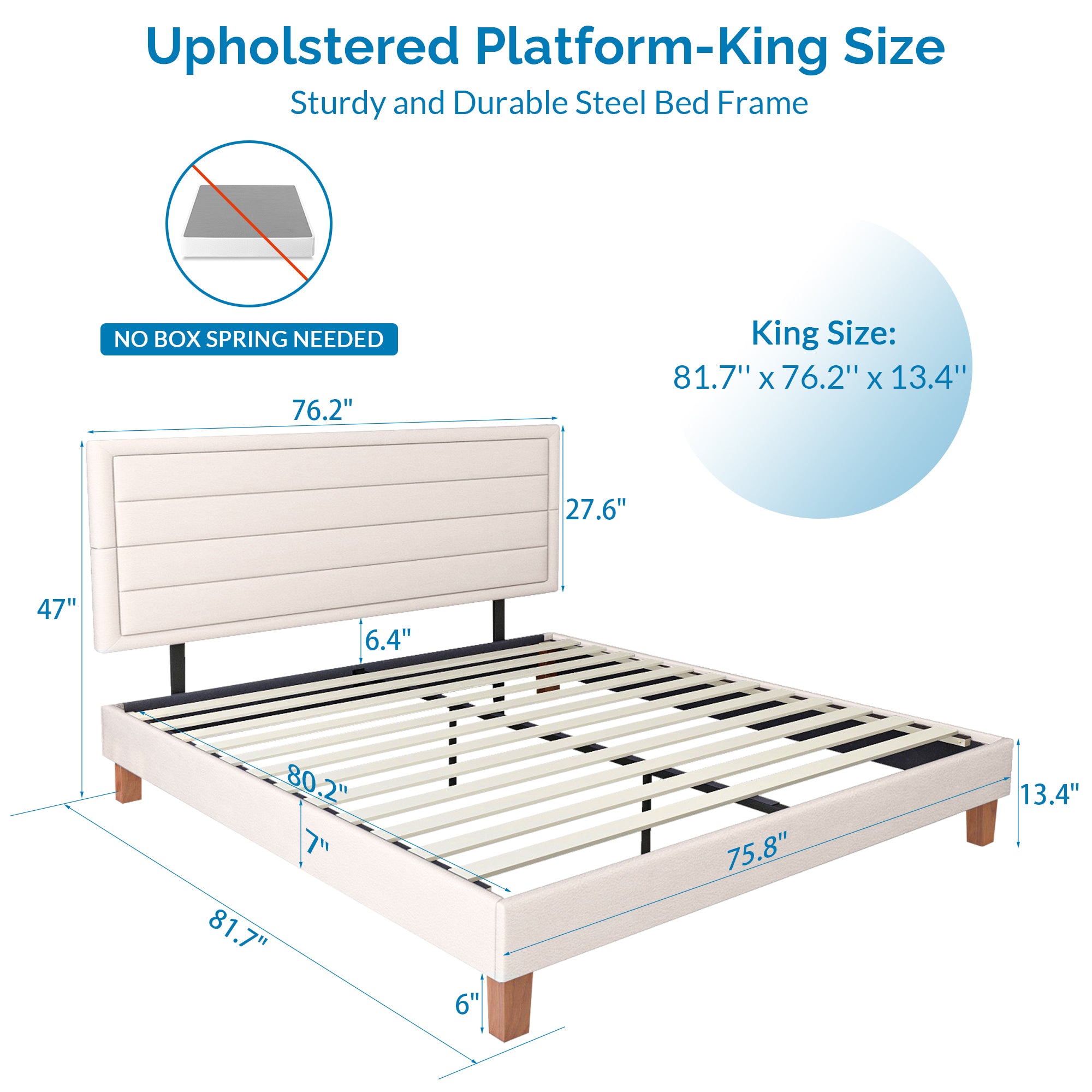 King Size Upholstered Platform Bed Frame, Wooden Platform Bed No Box Spring Needed, Noise-Free Bed Foundation, Beige