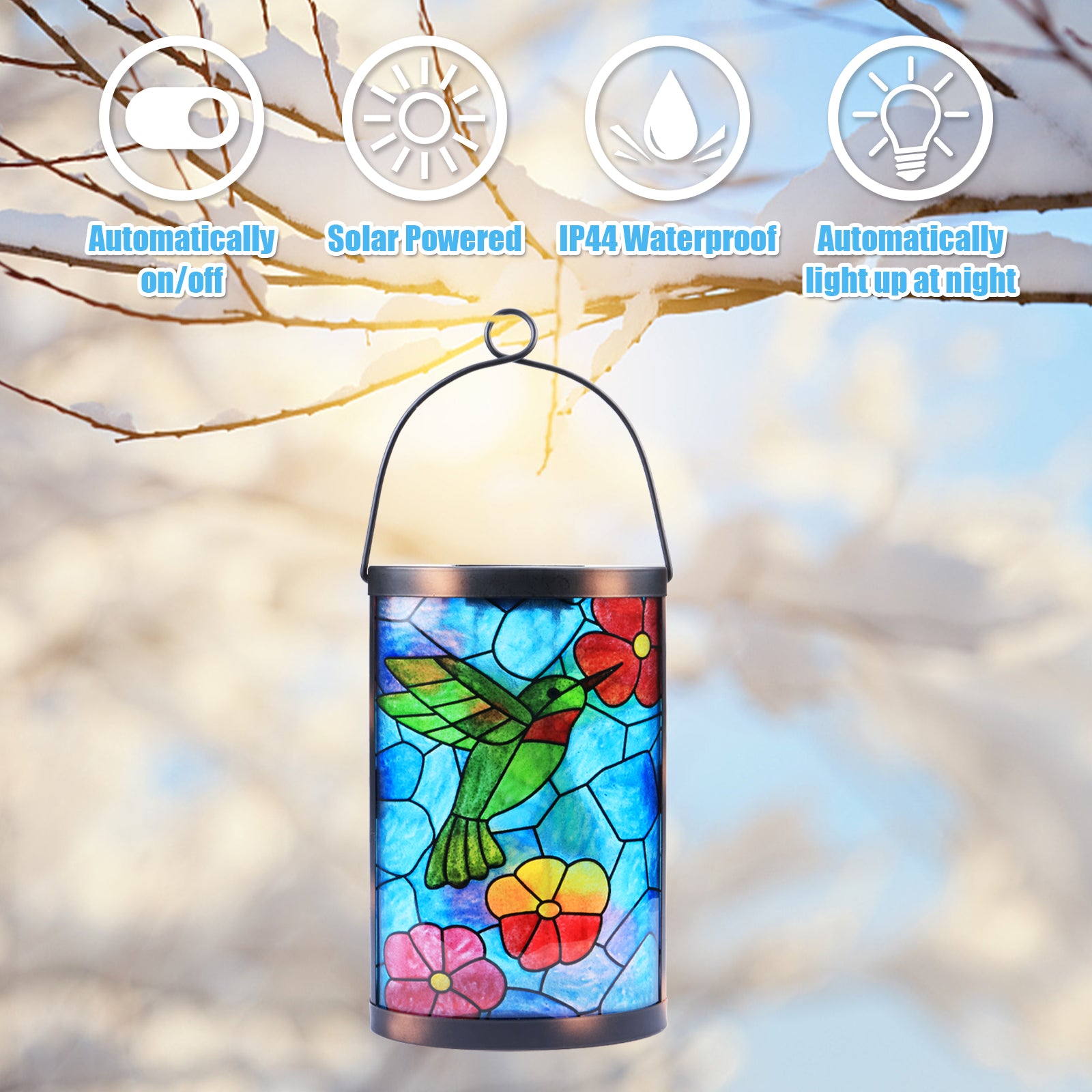 Solar Lantern Outdoor Waterproof Hummingbird LED Lights Blue Glass Lamp for Garden