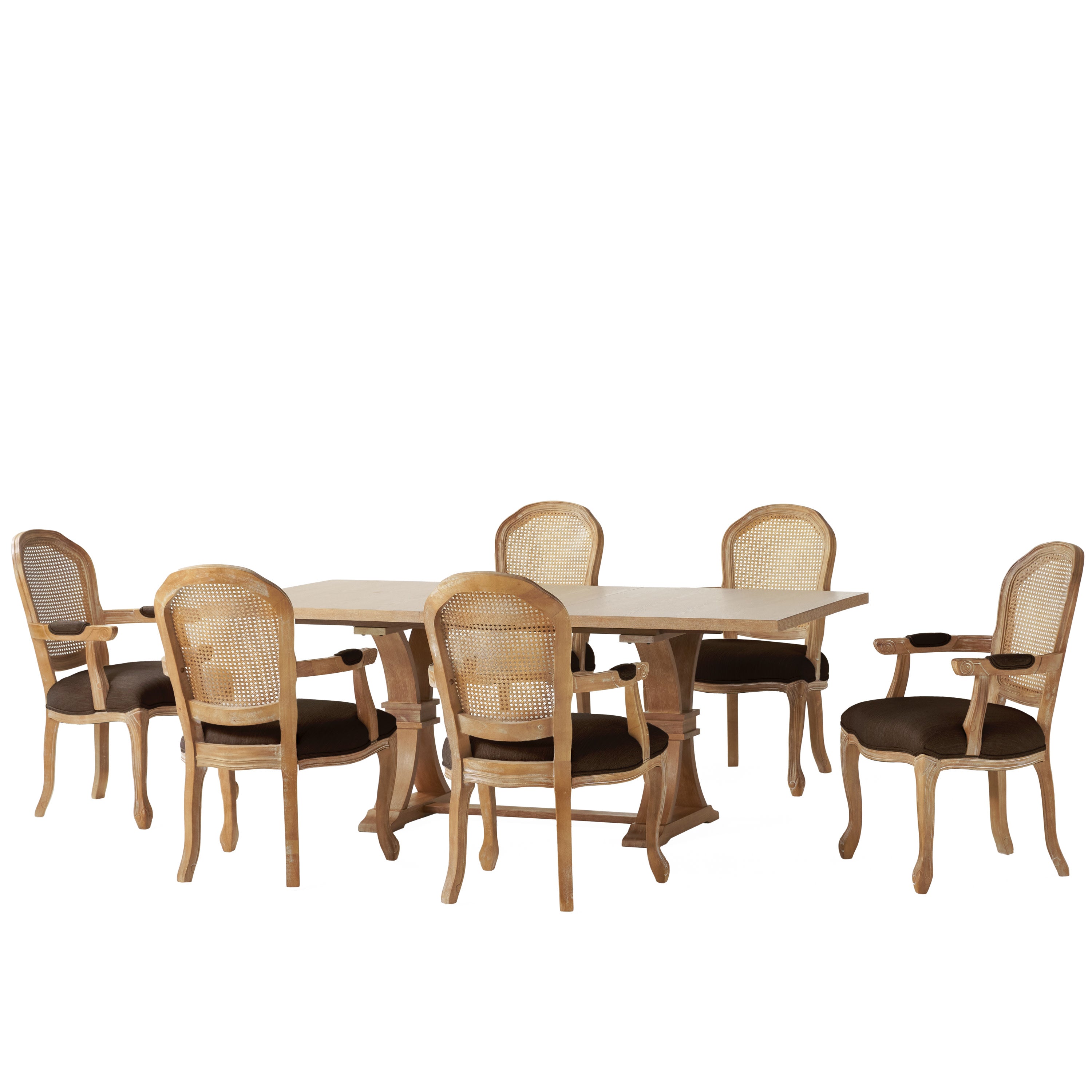 Mariette French Country Fabric Upholstered Wood and Cane 7 Piece Expandable Dining Set