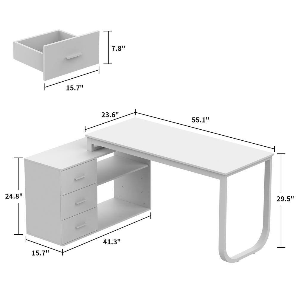 FUFUGAGA 55.1 in. L-Shaped Gray Wood Executive Writing Desk Computer Desk Workstation WRemovable Tabletop Shelves 3-Drawers KF210009-04-KPL2