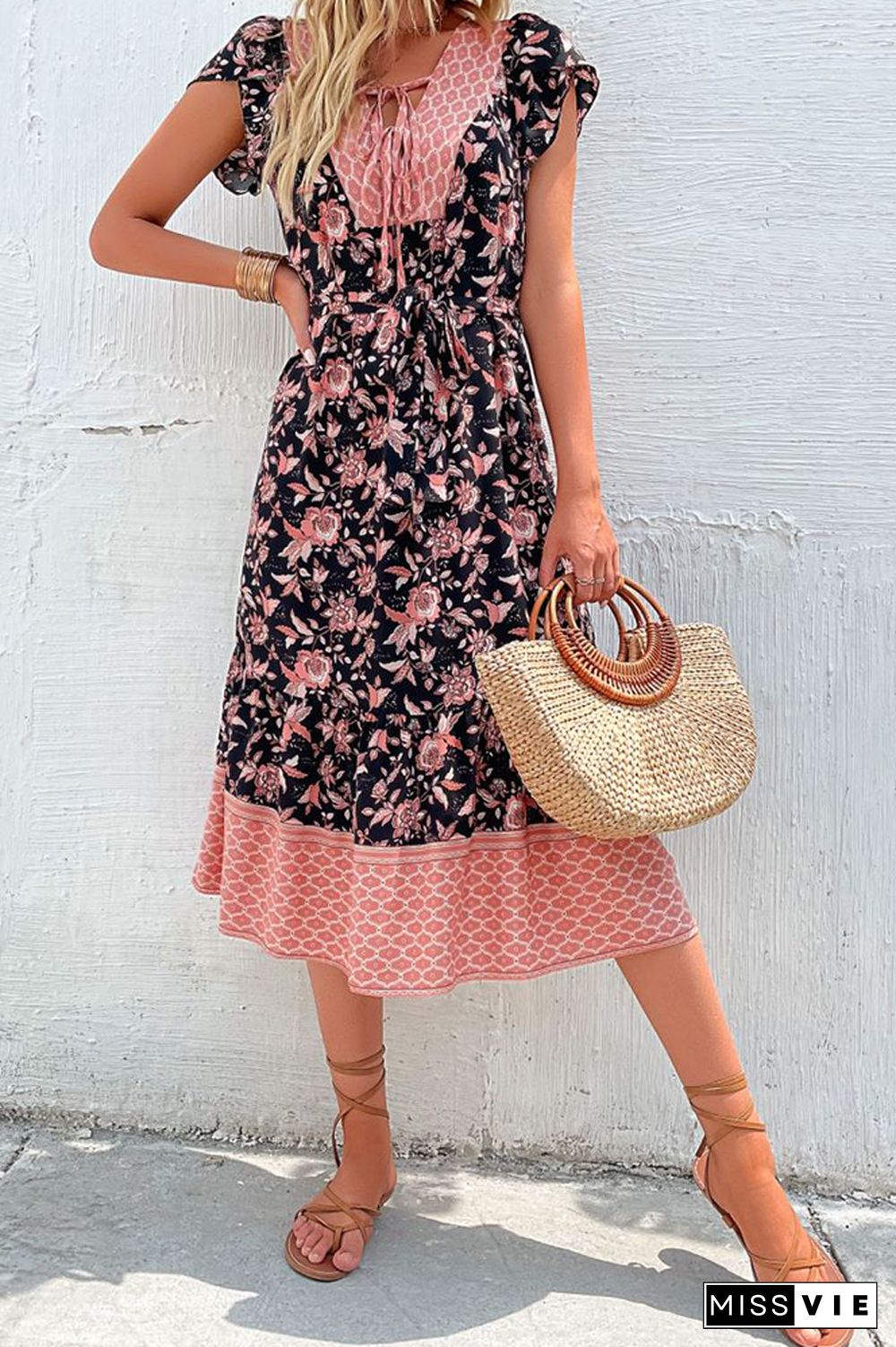 Black Floral Print Sleeveless Dress Wholesale