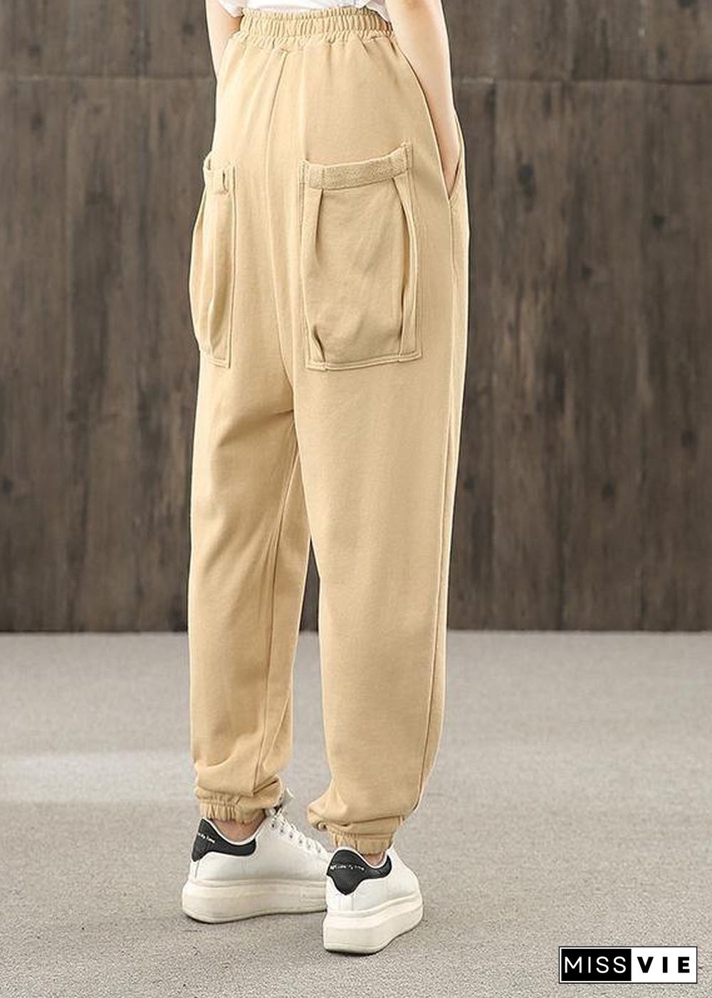 Khaki pockets decoration elastic waist casual pants loose harem pants