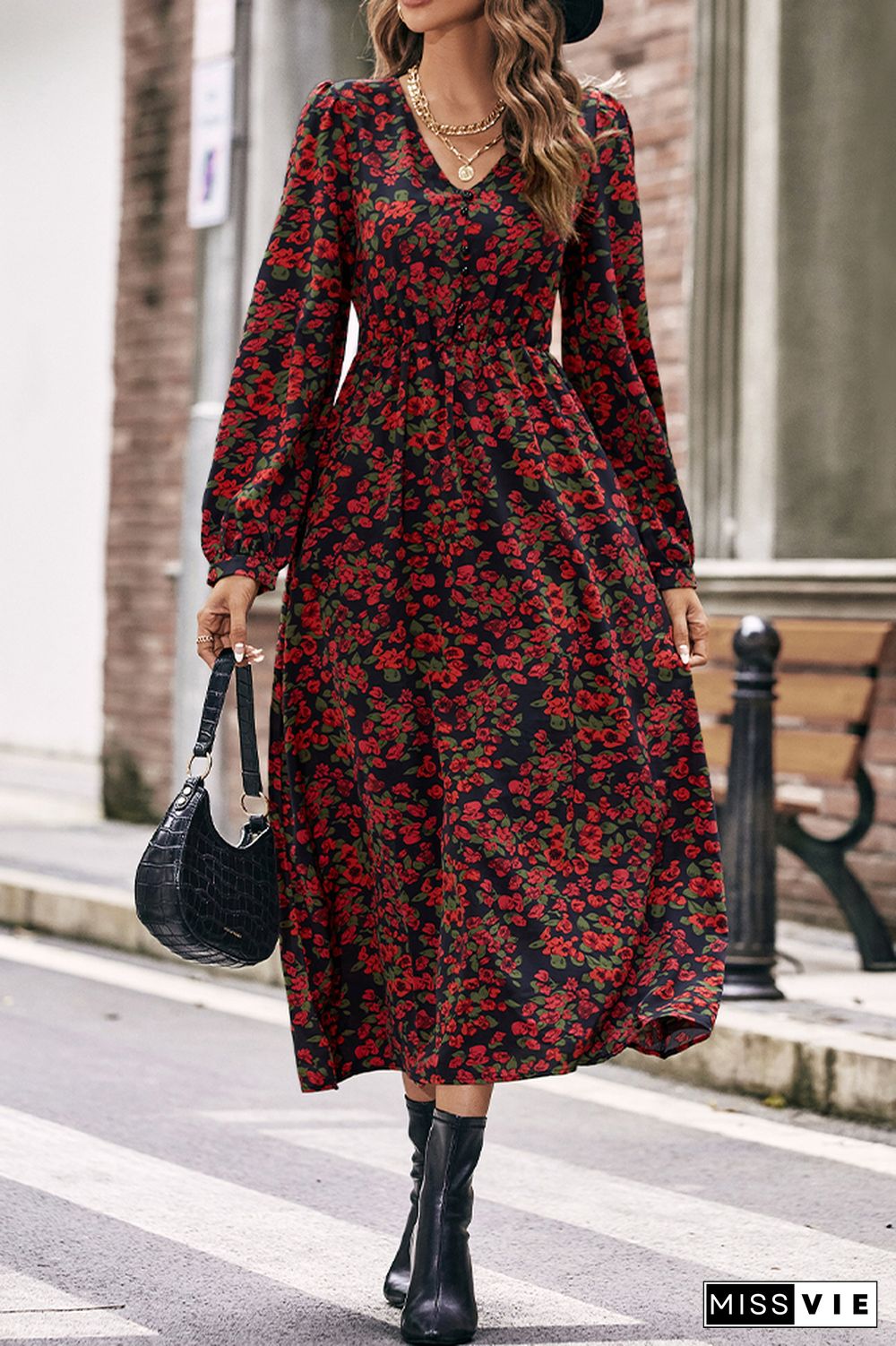 V Neck Puff Sleeves Floral Dress