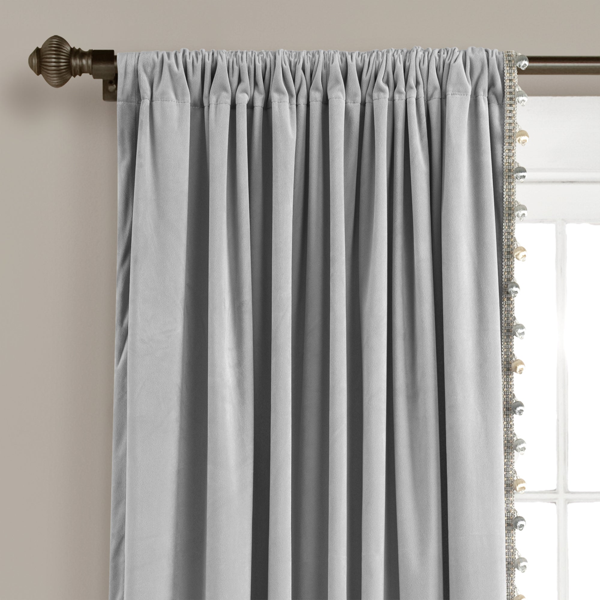 Luxury Vintage Velvet With Silky Pompom Trim Window Curtain Panel