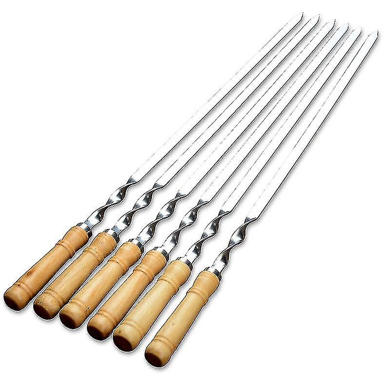 6pcs 55cm Bbq Skewers Long Handle Shish Kebab Barbecue Grill Stick Wood Bbq Fork Stainless Steel Ou