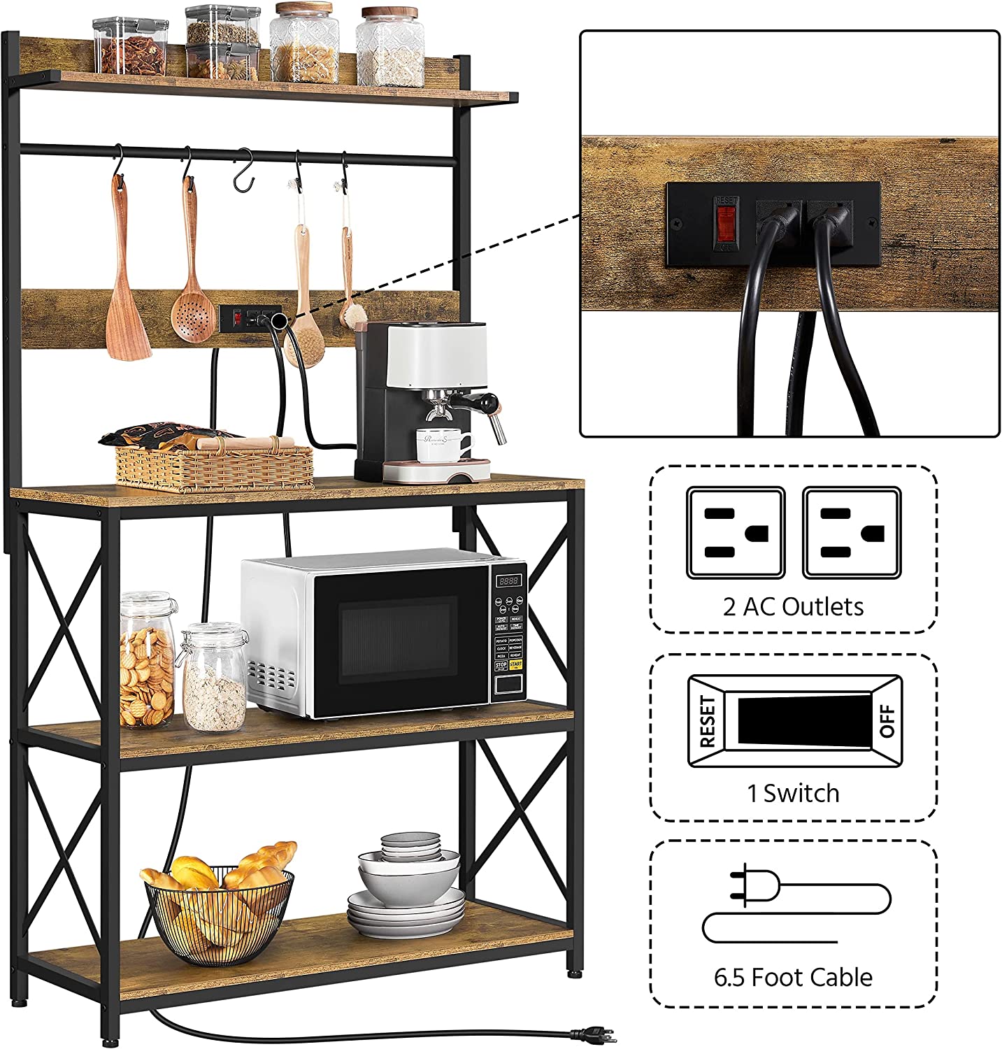 4-Tier Kitchen Bakers Rack with Power Outlet， Microwave Oven Stand Kitchen Storage Rack with Hooks for Dining Room， Spices， Pots， Pans， Brown