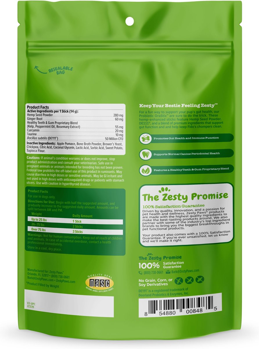 Zesty Paws Hemp Elements Probiotic OraStix Peppermint Flavored Dog Dental Chews