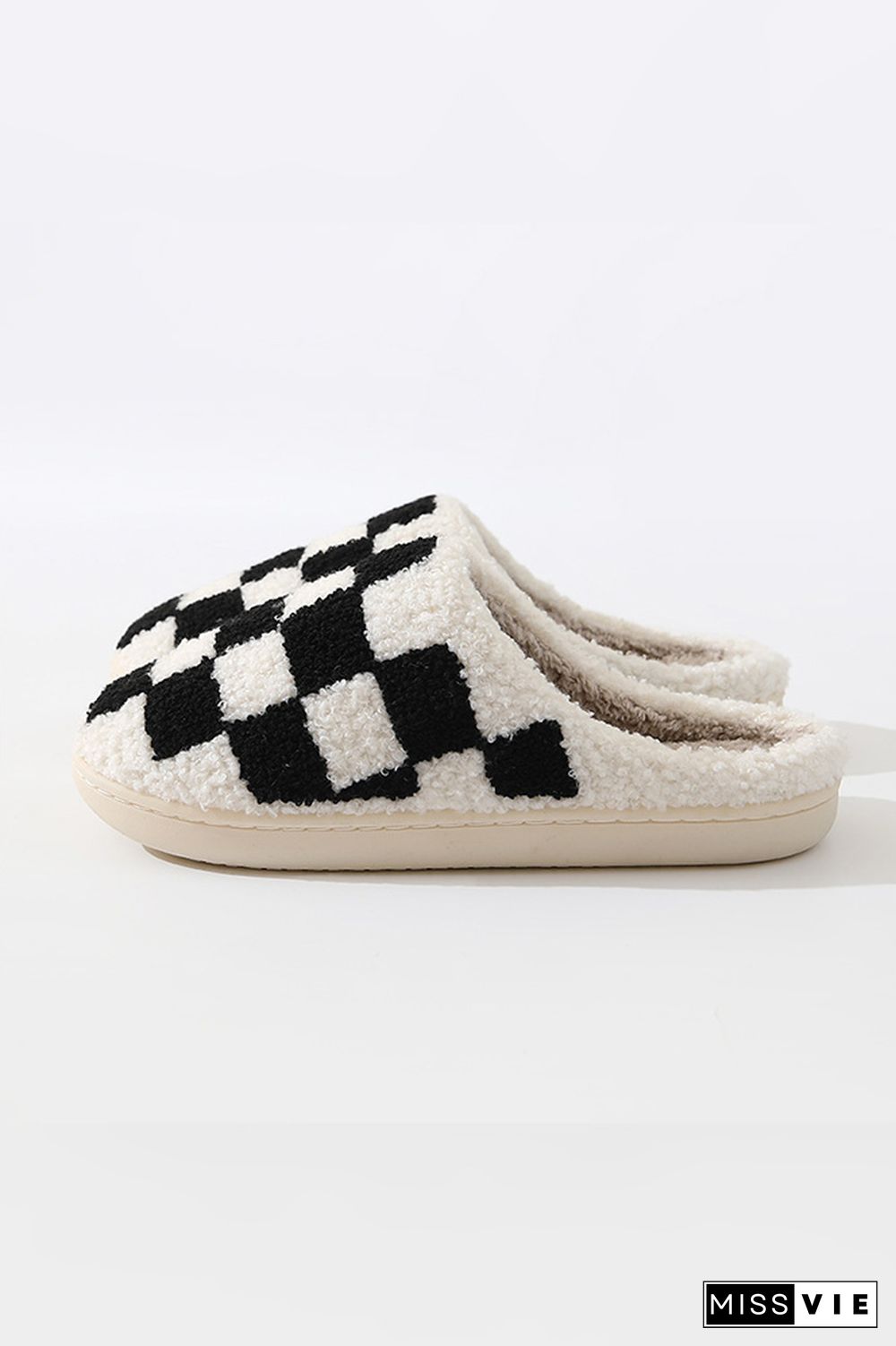 Black/White Checked Knit Fluffy Slippers