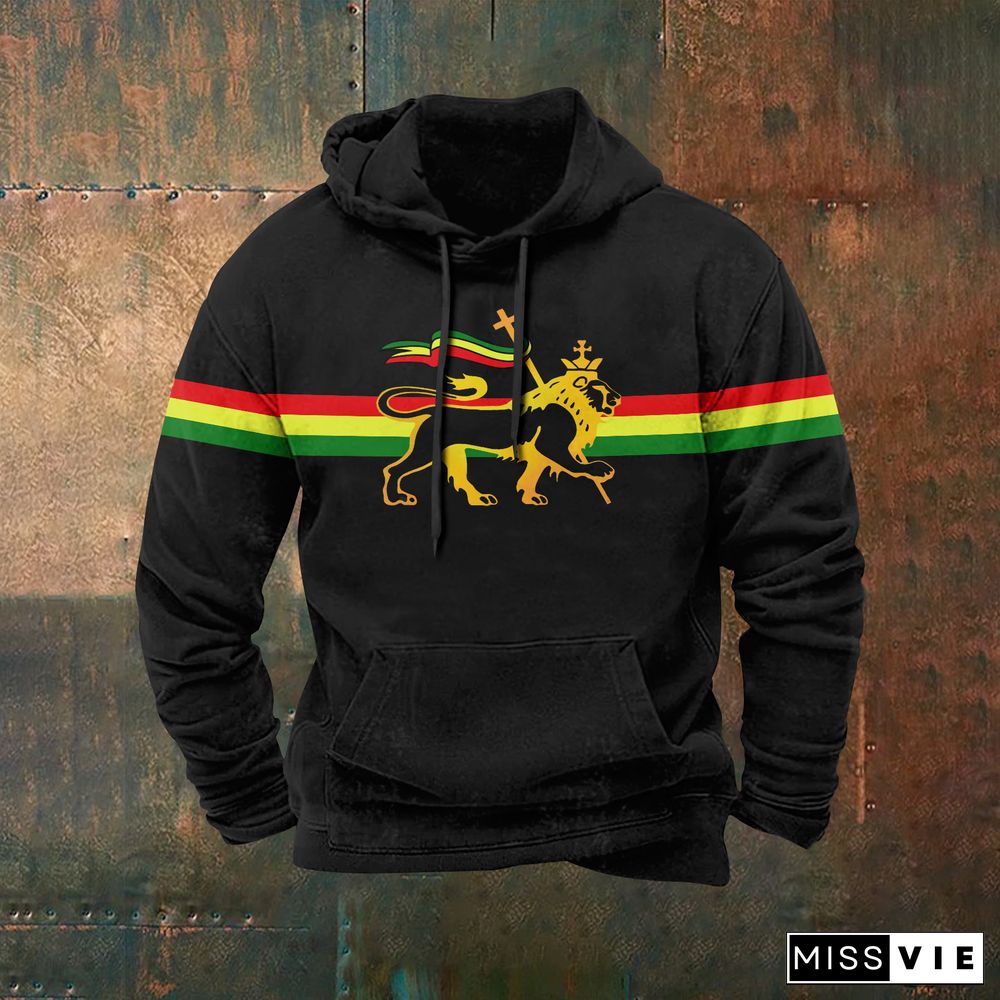 Retro Stripe Reggae Lion Print Graphic Hoodie