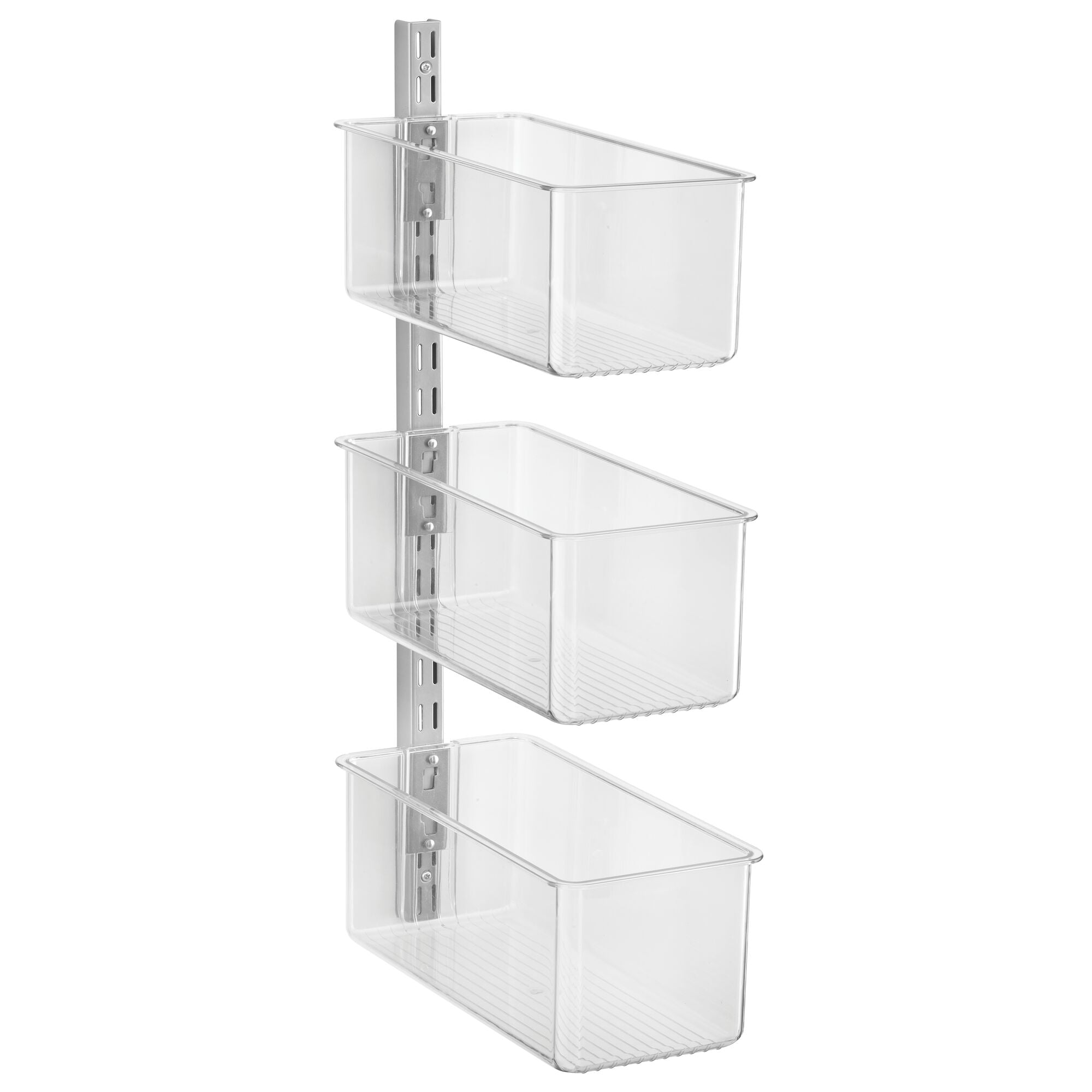 mDesign Plastic Wall Mount Bins with Metal Hanging Bar - Repositionable Bins - For Closet Storage and Organization - Holds Belts, Leggings, Shoes, Purses, Scarfs - Bins 5"  - Set of 3 - Clear