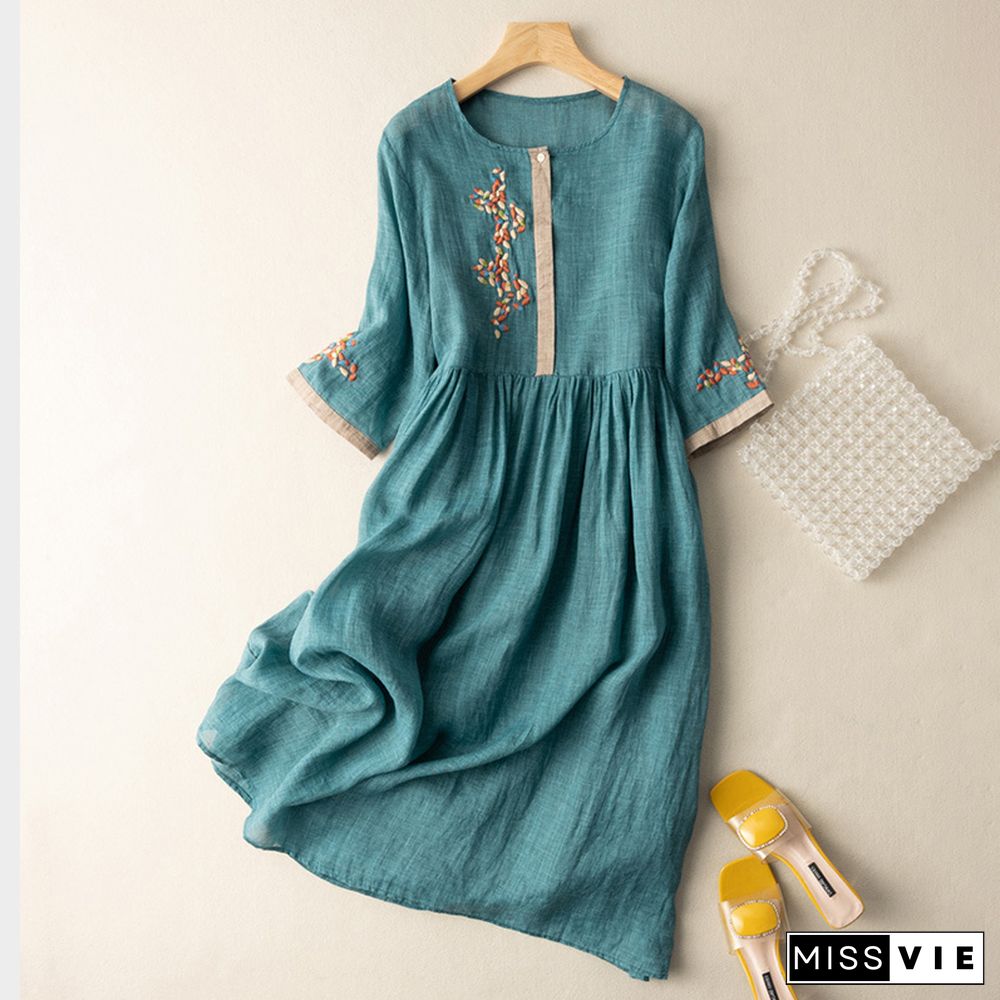 Ethnic Embroidery Loose Midi Dress