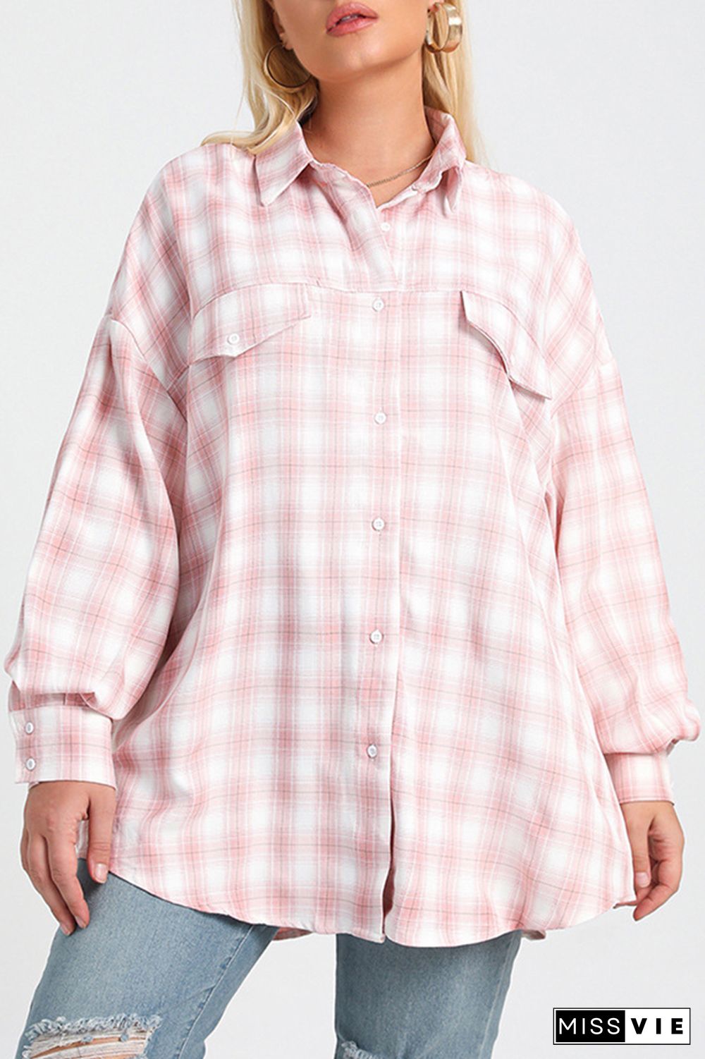 Plus Size Pink Plaid Shacket Loose Blouse Shirts Wholesale