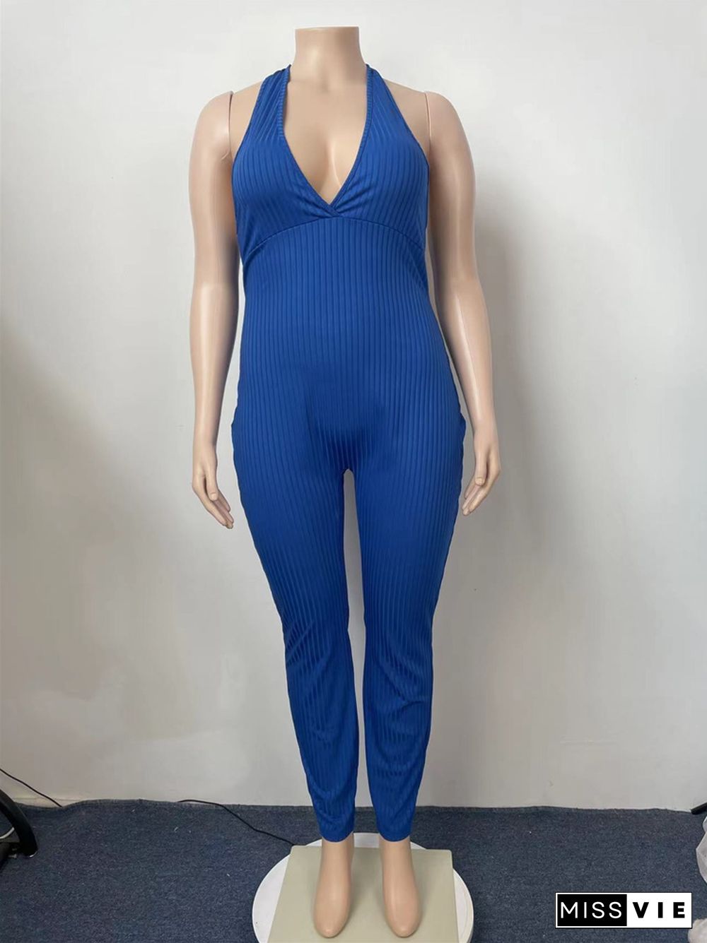 Ribbed Halter V-neck Backless Classic Jumpsuit