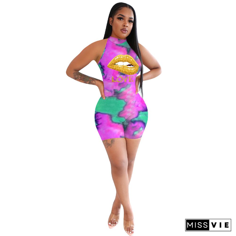 Women Sport Tie Dye Lips Print Sleeveless Bodycon Jumpsuit