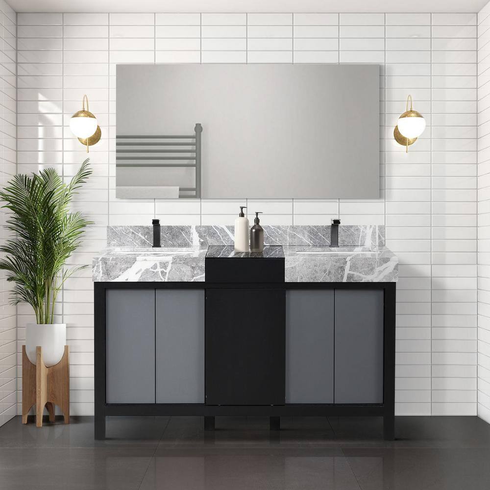 Lexora Zilara 55 in x 22 in D Black and Grey Double Bath Vanity Castle Grey Marble Top Gun Metal Faucet Set and 53 in Mirror LZ342255SLISM53FBG