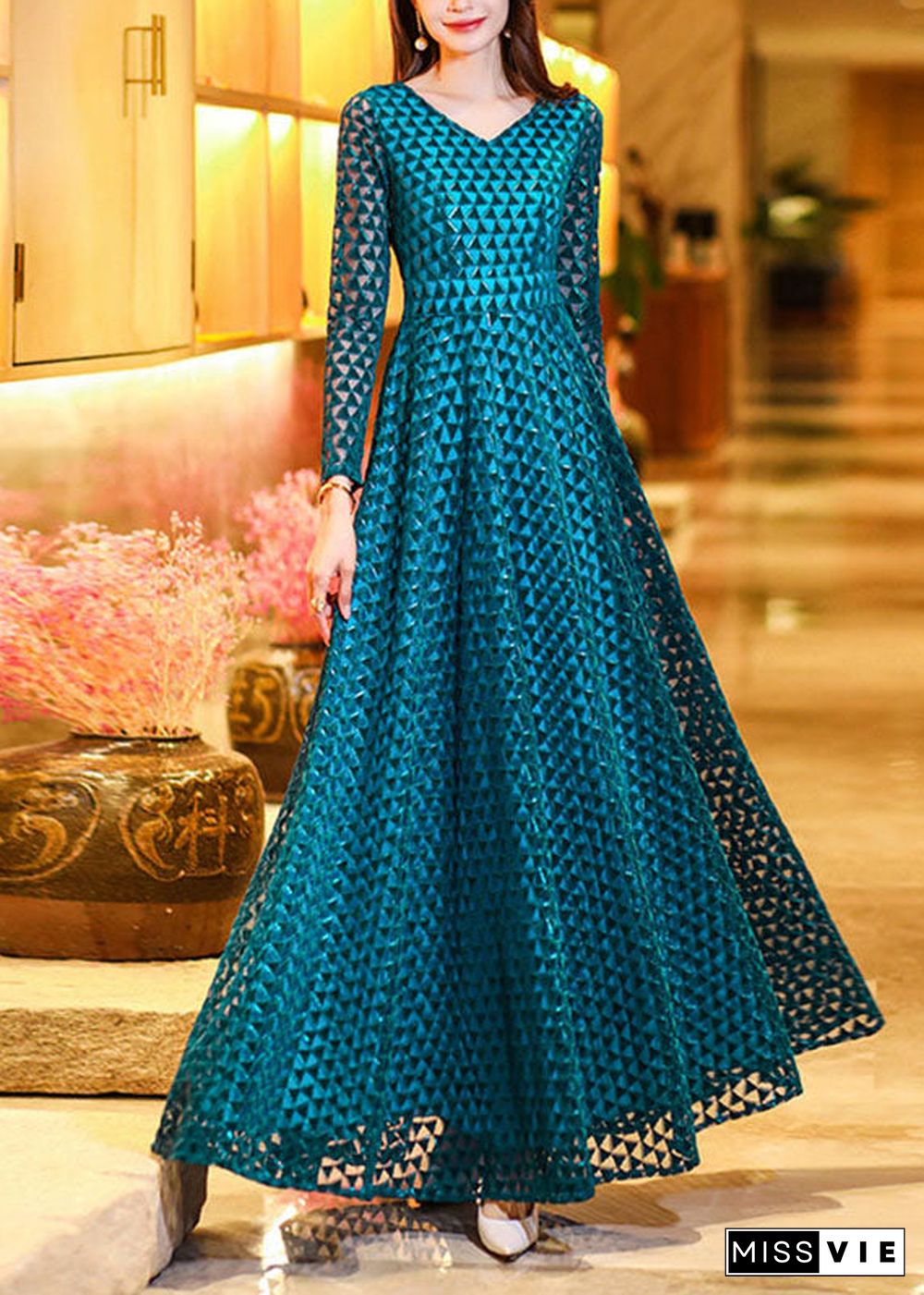 Boho Peacock Blue Wrinkled Hollow Out Lace Long Dress Long Sleeve