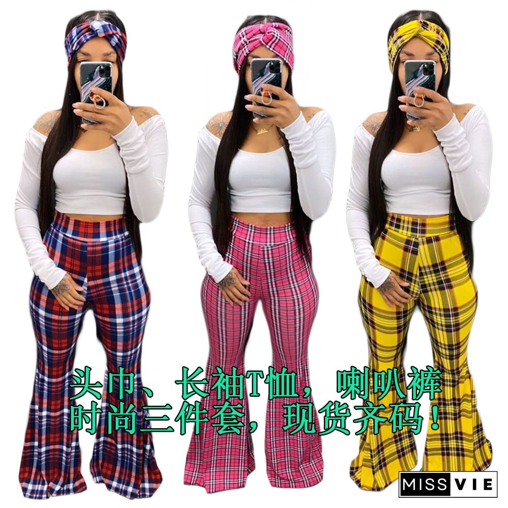 Long Sleeve T-shirt Plaid Printed Bell-Bottom Two-piece Set With Scarf