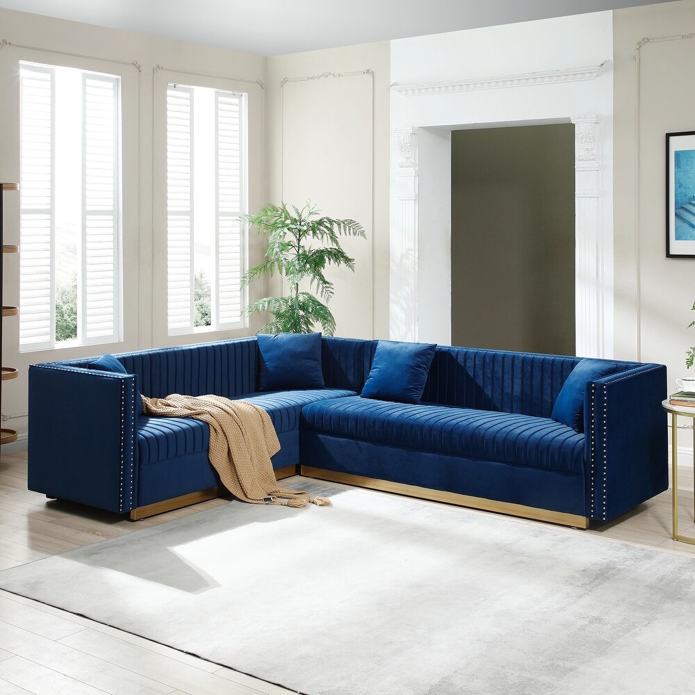 Blue Velvet Sectional Sofa Sets Modern L shape Corner Couch Tufted Upholstered Recliner Settee with 4 Pillows for Living Room