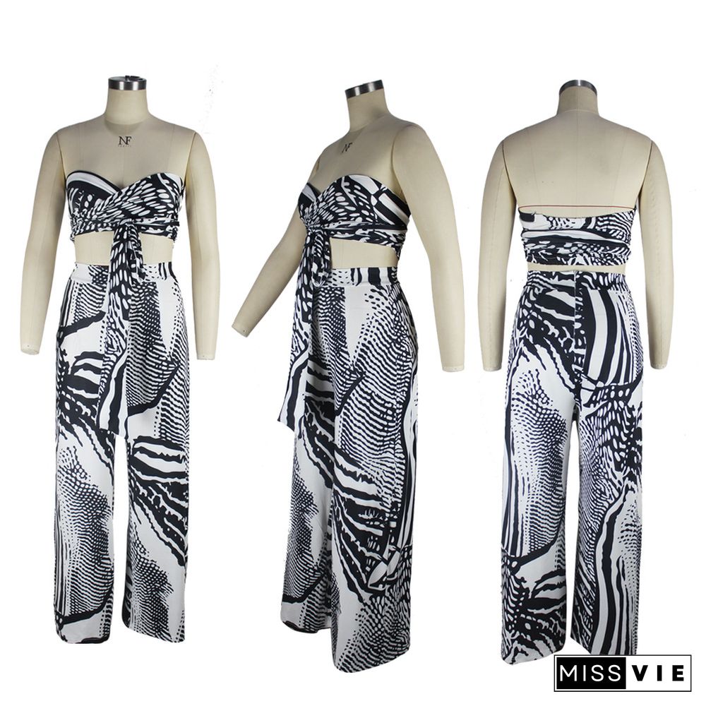 Hot Style Print Lace-up Chest Wrap Wide-leg Pants 2 Piece Set