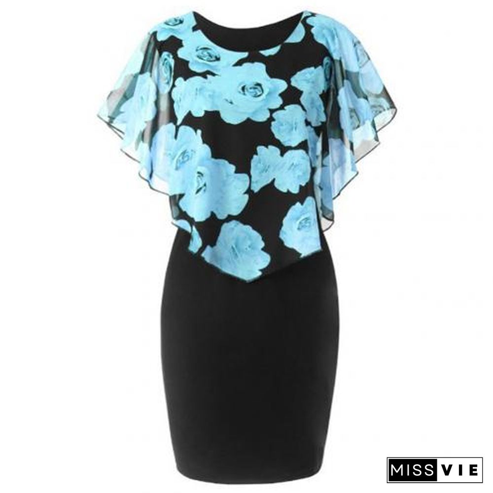 Plus Size Womens Dress Elegant Office Lady Rose Flower Print Cape Bodycon Knee Length Dress