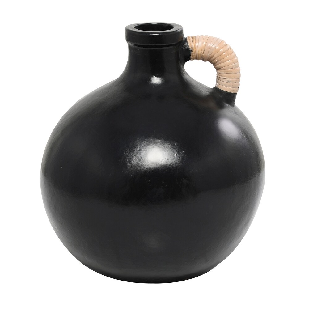 Black Ceramic Jug Inspired Vase with Rattan Wrapped Handle