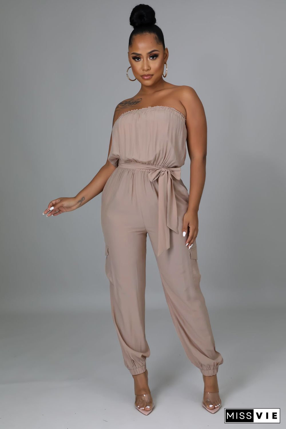 Strapless Lace Up Belts Pockets Overalls Jumpsuits