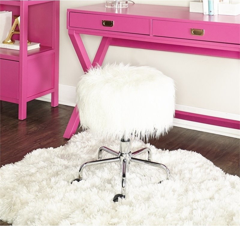 Linon Mallory Faux Fur Backless Rolling Stool in White   Contemporary   Vanity Stools And Benches   by Homesquare  Houzz