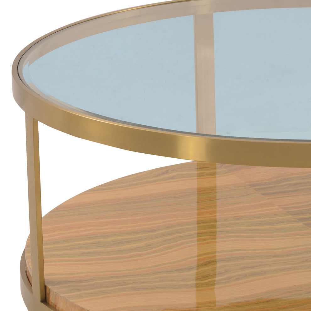 Hattie Glass Top and Wood Round Coffee Table With Gold Frame   Contemporary   Coffee Tables   by GwG Outlet  Houzz