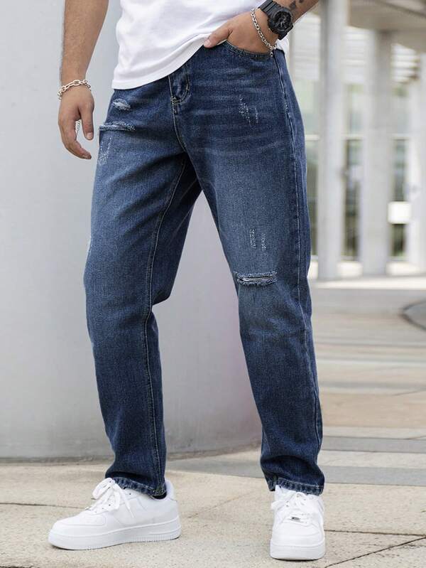 Men Ripped Straight Leg Jeans